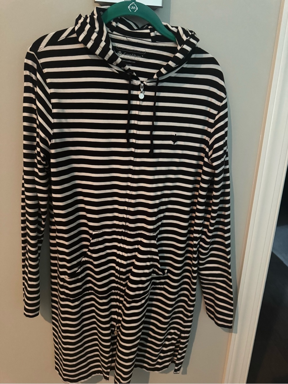 Coolibar Hooded Black and White Striped Sun Protection Zipped Long Jacket.